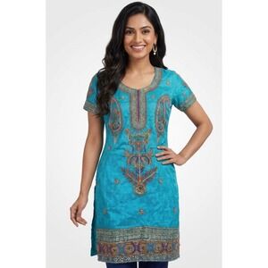 Heavy Embellished Punjabi Kurti Aqua‎ Blue Zardozi Stone Tunic Kameez 19x30